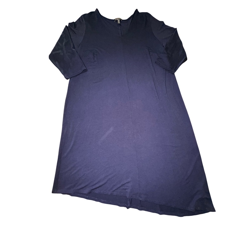 Eileen Fisher Woman Navy Blue V-Neck 3/4 Sleeve Asymmetric Hem Jersey Dress 1X